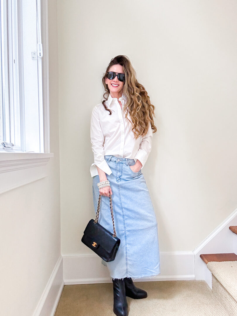 tulle skirt. denim jacket with chaing. street chic. style.